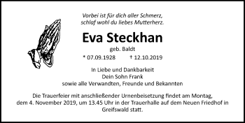 Traueranzeige von Eva Steckhan von Ostsee-Zeitung GmbH