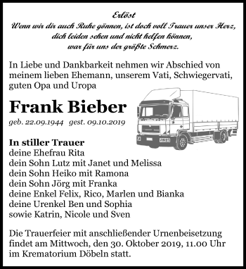 Traueranzeige von Frank Bieber von Leipziger Volkszeitung