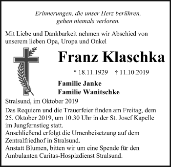 Traueranzeige von Franz Klaschka von Ostsee-Zeitung GmbH