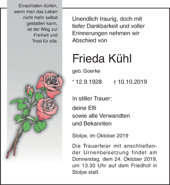 Traueranzeige von Frieda Kühl von Ostsee-Zeitung GmbH