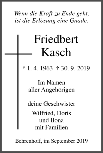 Traueranzeige von Friedbert Kasch von Ostsee-Zeitung GmbH