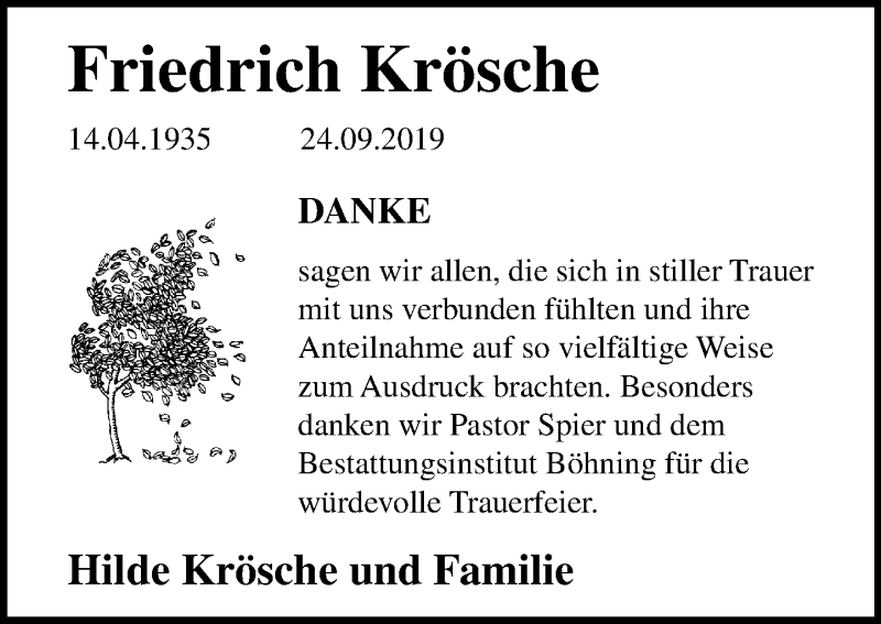  Traueranzeige für Friedrich Krösche vom 07.10.2019 aus Schaumburger Nachrichten