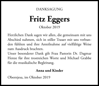 Traueranzeige von Fritz Eggers von Göttinger Tageblatt