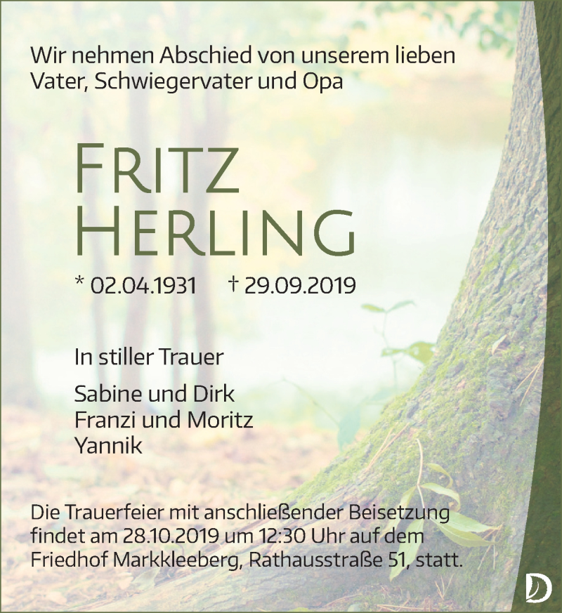  Traueranzeige für Fritz Herling vom 12.10.2019 aus Leipziger Volkszeitung