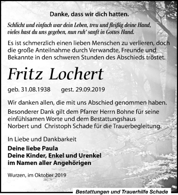 Traueranzeige von Fritz Lochert von Leipziger Volkszeitung