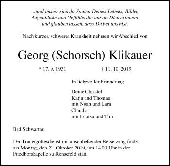 Traueranzeige von Georg Klikauer von Lübecker Nachrichten