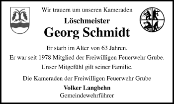 Traueranzeige von Georg Schmidt von Lübecker Nachrichten