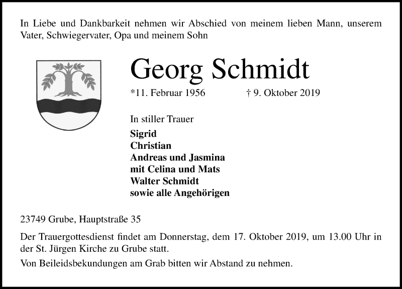  Traueranzeige für Georg Schmidt vom 12.10.2019 aus Lübecker Nachrichten