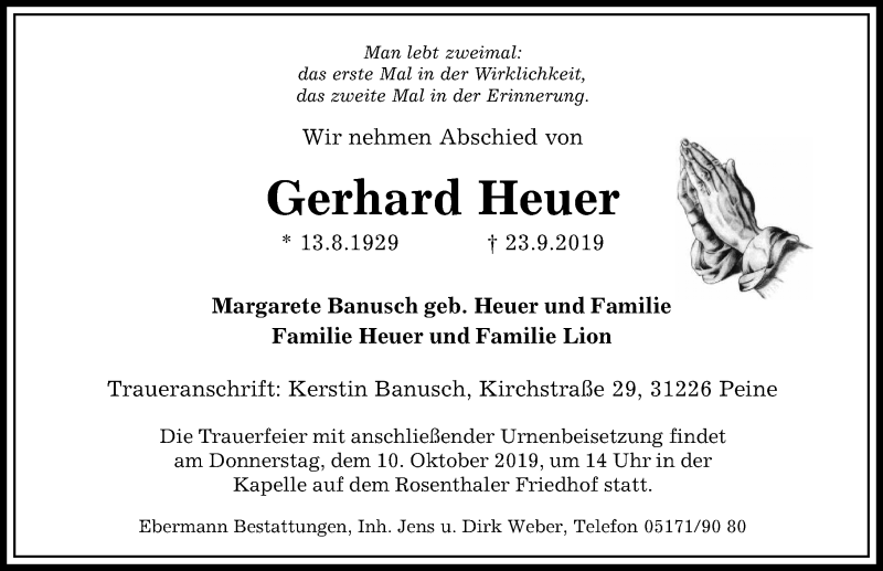  Traueranzeige für Gerhard Heuer vom 05.10.2019 aus Peiner Allgemeine Zeitung