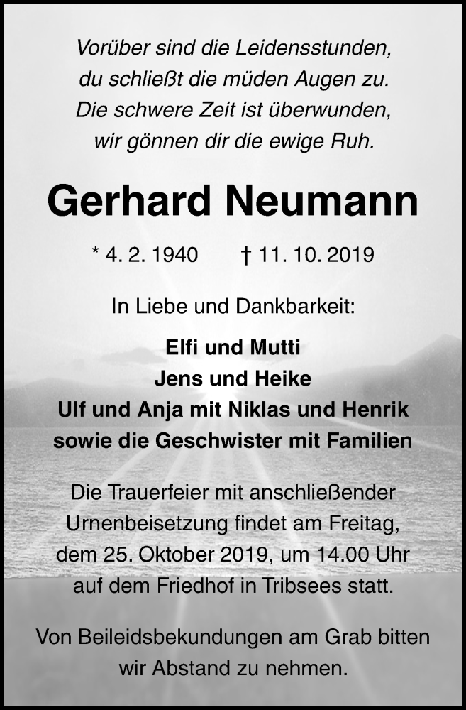  Traueranzeige für Gerhard Neumann vom 19.10.2019 aus Ostsee-Zeitung GmbH