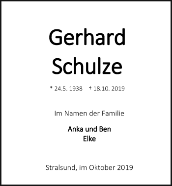 Traueranzeige von Gerhard Schulze von Ostsee-Zeitung GmbH