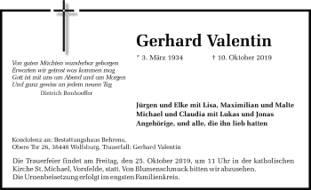 Traueranzeige von Gerhard Valentin von Aller Zeitung