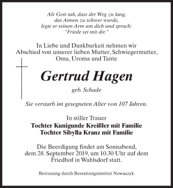 Traueranzeige von Gertrud Hagen von Märkischen Allgemeine Zeitung