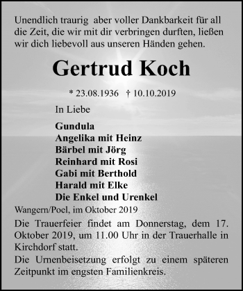 Traueranzeige von Gertrud Koch von Ostsee-Zeitung GmbH