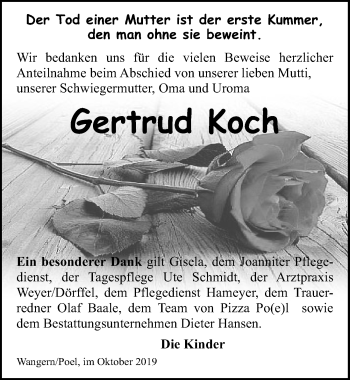 Traueranzeige von Gertrud Koch von Ostsee-Zeitung GmbH