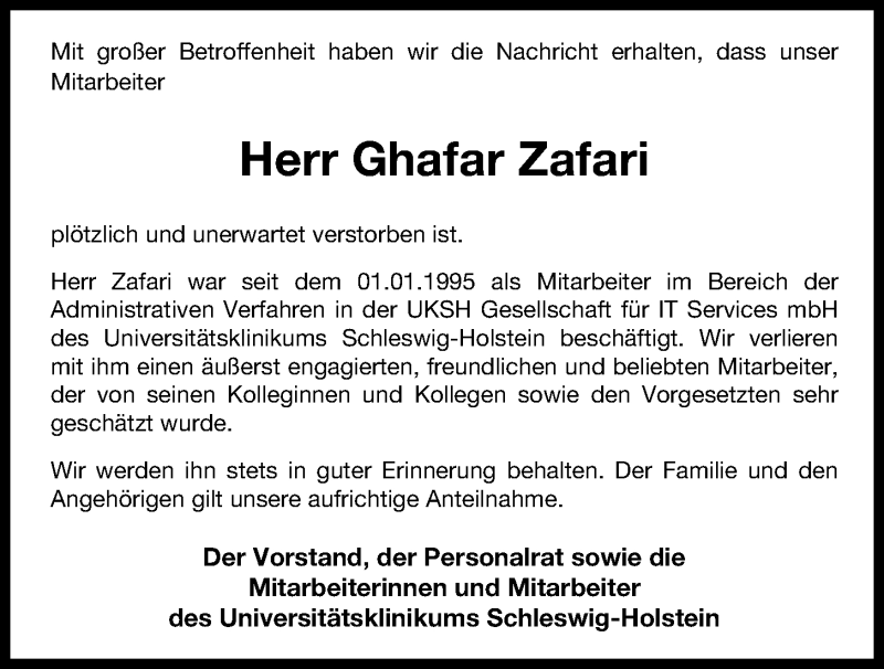  Traueranzeige für Ghafar Zafari vom 12.10.2019 aus Kieler Nachrichten