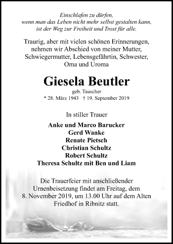 Traueranzeige von Giesela Beutler von Ostsee-Zeitung GmbH