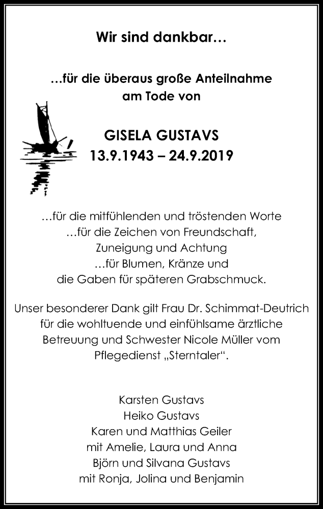  Traueranzeige für Gisela Gustavs vom 26.10.2019 aus Märkischen Allgemeine Zeitung