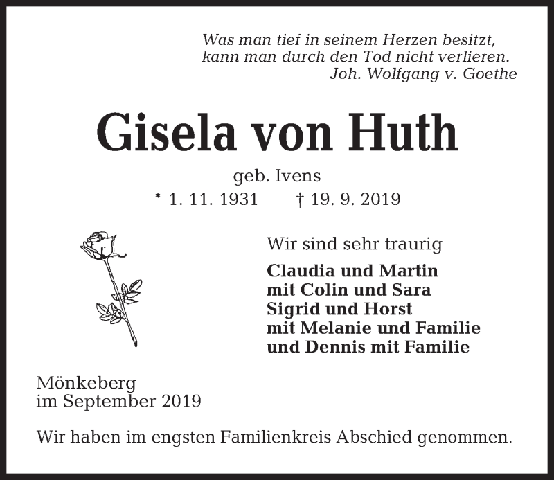  Traueranzeige für Gisela von Huth vom 05.10.2019 aus Kieler Nachrichten