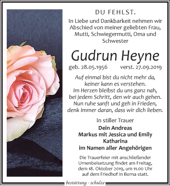 Traueranzeige von Gudrun Heyne von Leipziger Volkszeitung