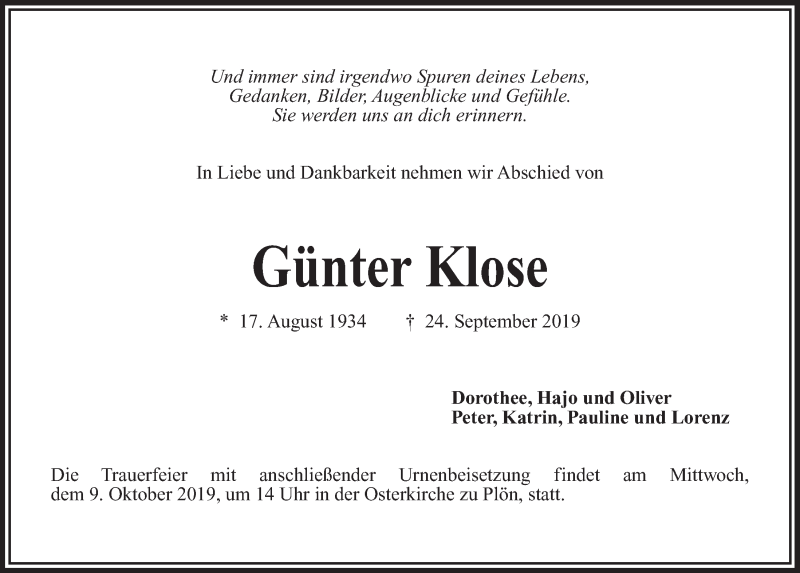  Traueranzeige für Günter Klose vom 05.10.2019 aus Kieler Nachrichten