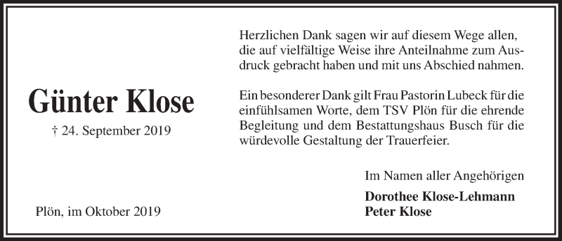  Traueranzeige für Günter Klose vom 26.10.2019 aus Kieler Nachrichten