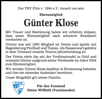 Traueranzeige von Günter Klose von Kieler Nachrichten