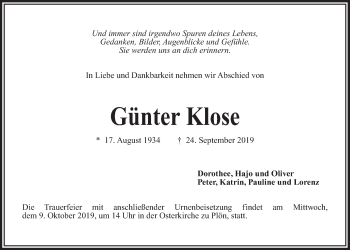 Traueranzeige von Günter Klose von Kieler Nachrichten