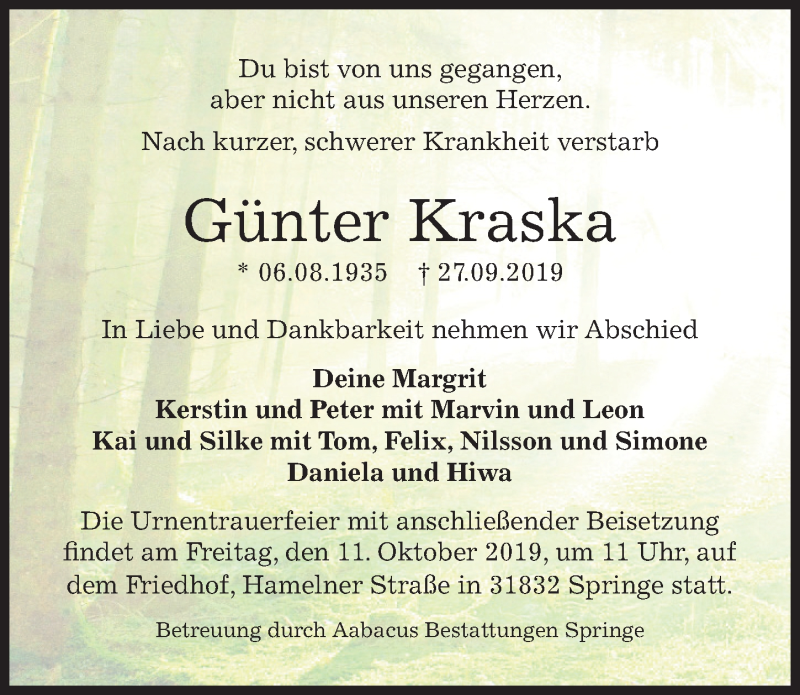  Traueranzeige für Günter Kraska vom 05.10.2019 aus Peiner Allgemeine Zeitung