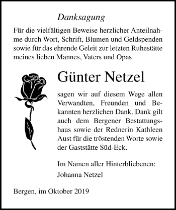 Traueranzeige von Günter Netzel von Ostsee-Zeitung GmbH