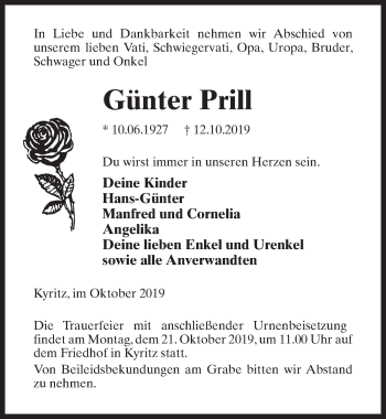 Traueranzeige von Günter Prill von Märkischen Allgemeine Zeitung