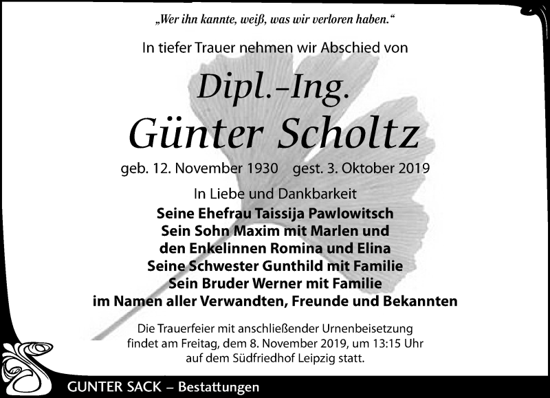  Traueranzeige für Günter Scholtz vom 12.10.2019 aus Leipziger Volkszeitung