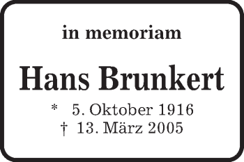 Traueranzeige von Hans Brunkert von Kieler Nachrichten