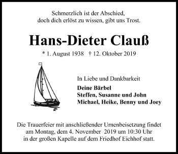 Traueranzeige von Hans-Dieter Clauß von Kieler Nachrichten