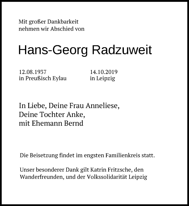  Traueranzeige für Hans-Georg Radzuweit vom 26.10.2019 aus Leipziger Volkszeitung