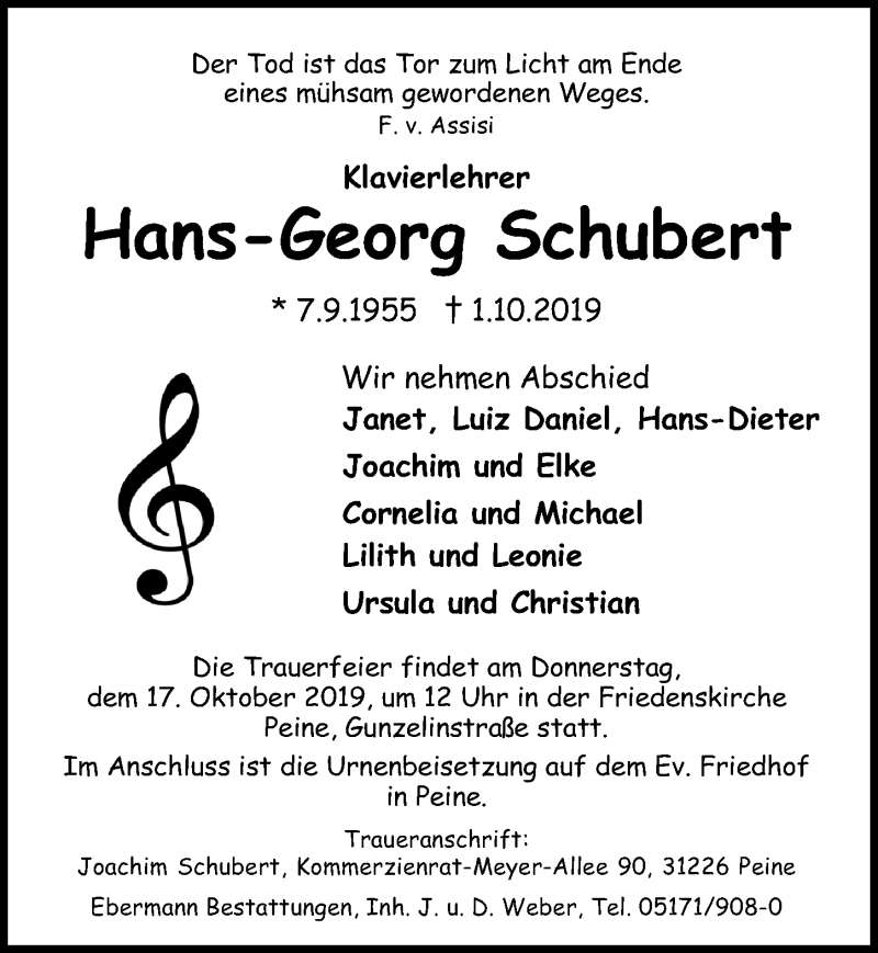  Traueranzeige für Hans-Georg Schubert vom 12.10.2019 aus Hannoversche Allgemeine Zeitung/Neue Presse