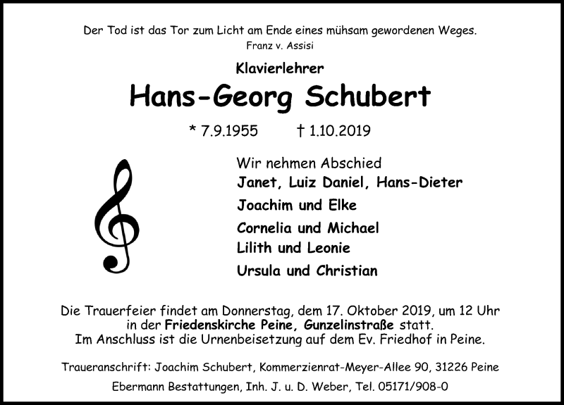  Traueranzeige für Hans-Georg Schubert vom 12.10.2019 aus Peiner Allgemeine Zeitung