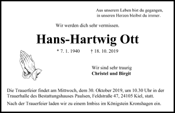 Traueranzeige von Hans-Hartwig Ott von Kieler Nachrichten