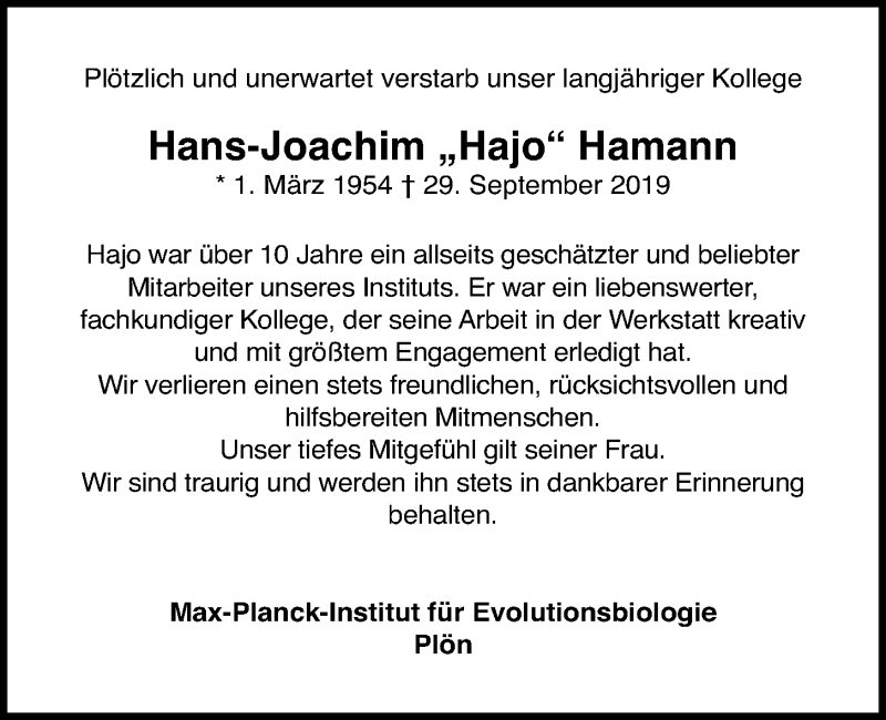  Traueranzeige für Hans-Joachim Hamann vom 05.10.2019 aus Kieler Nachrichten
