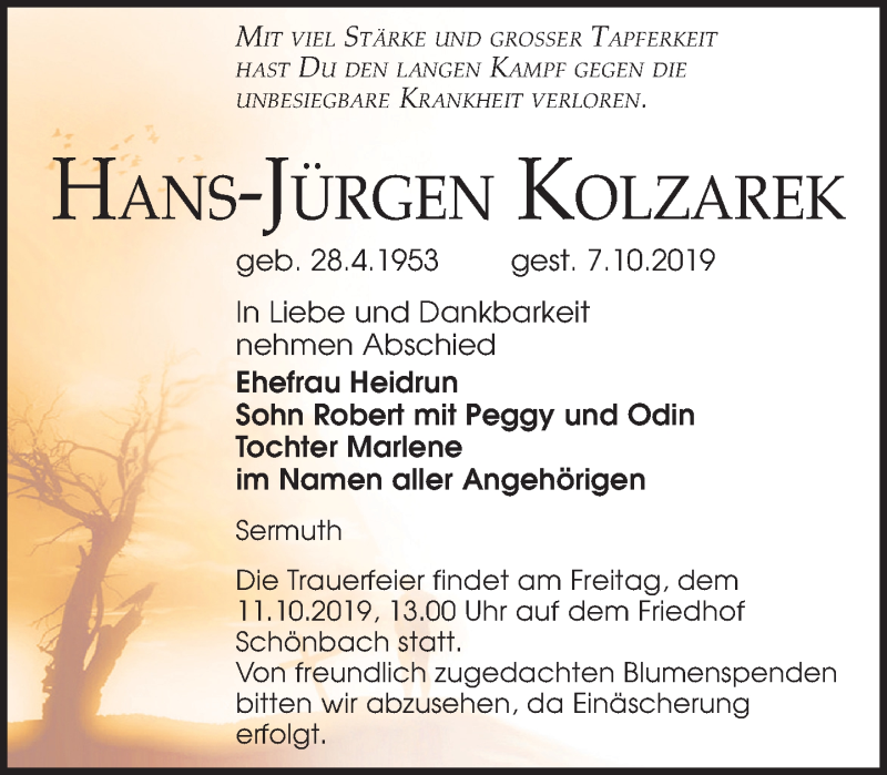  Traueranzeige für Hans-Jürgen Kolzarek vom 10.10.2019 aus Leipziger Volkszeitung