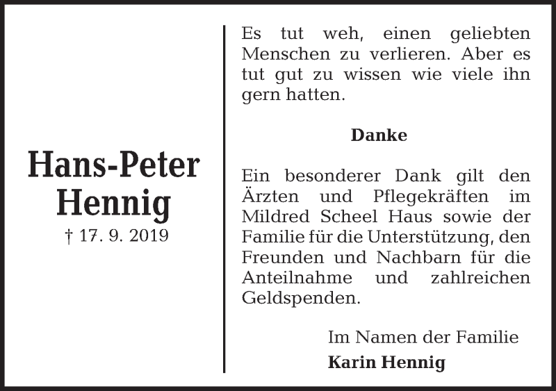  Traueranzeige für Hans-Peter Hennig vom 12.10.2019 aus Kieler Nachrichten