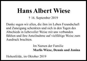 Traueranzeige von Hans Albert Wiese von Kieler Nachrichten