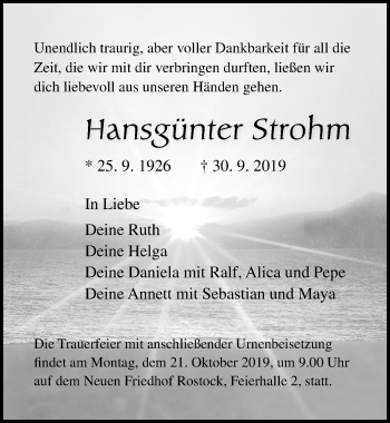 Traueranzeige von Hansgünter Strohm von Ostsee-Zeitung GmbH