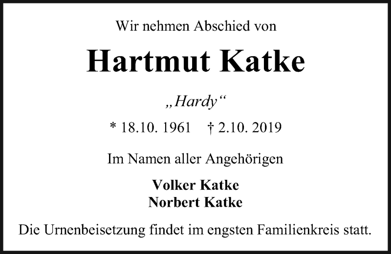  Traueranzeige für Hartmut Katke vom 12.10.2019 aus Ostsee-Zeitung GmbH