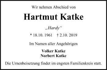 Traueranzeige von Hartmut Katke von Ostsee-Zeitung GmbH