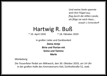 Traueranzeige von Hartwig R. Buß von Kieler Nachrichten