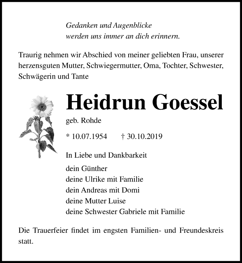  Traueranzeige für Heidrun Goessel vom 26.10.2019 aus Ostsee-Zeitung GmbH