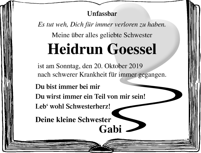  Traueranzeige für Heidrun Goessel vom 25.10.2019 aus Ostsee-Zeitung GmbH