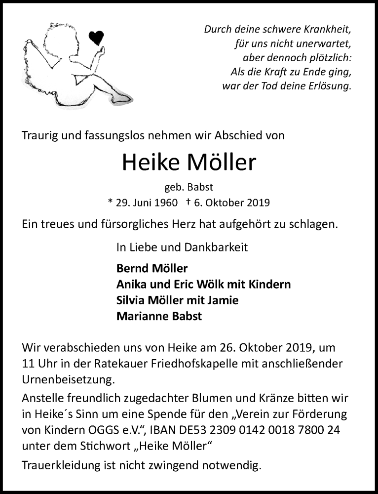  Traueranzeige für Heike Möller vom 20.10.2019 aus Lübecker Nachrichten