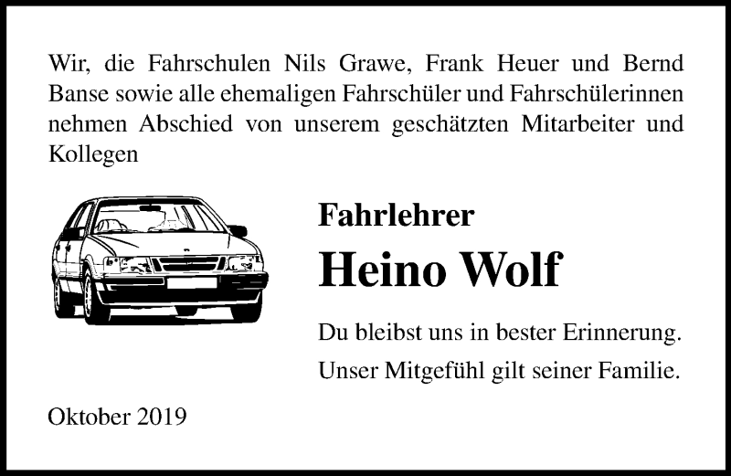  Traueranzeige für Heino Wolf vom 12.10.2019 aus Ostsee-Zeitung GmbH